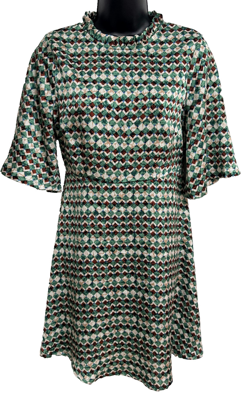Melloday A-Line Dress Women's Small Green Geometric Diamond Print Ruffle Neck